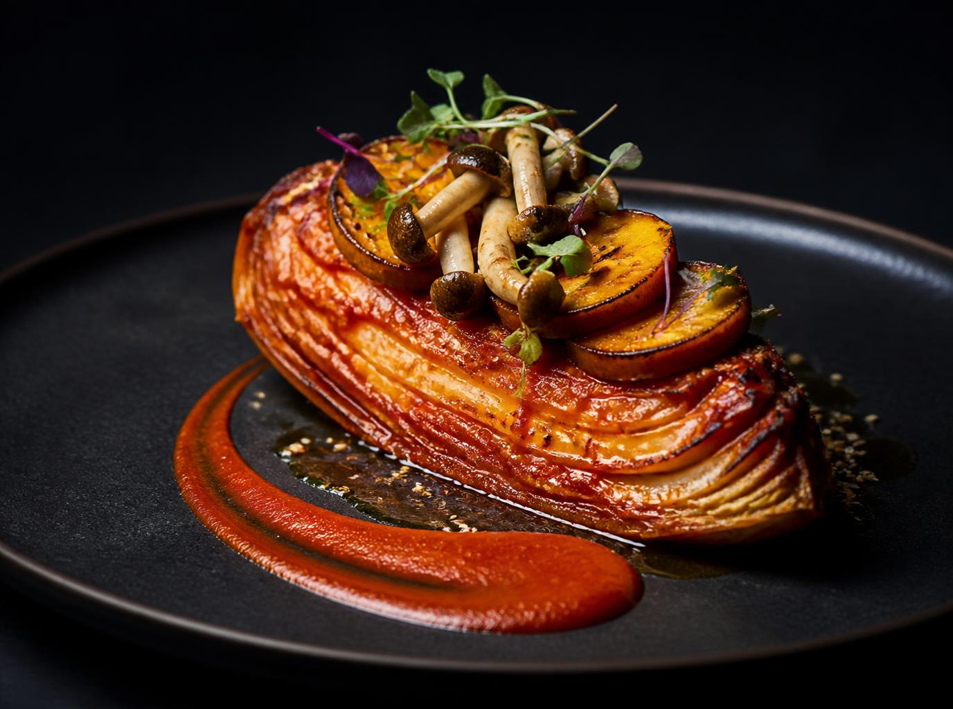 Kimchi-glazed cabbage wedge with grilled sweet potato and shimeji mushrooms